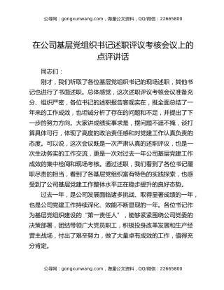 在公司基层党组织书记述职评议考核会议上的点评讲话