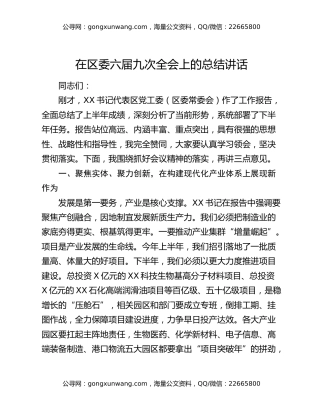 在区委六届九次全会上的总结讲话