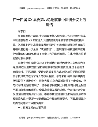 在十四届XX县委第八轮巡察集中反馈会议上的讲话