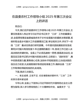 在县委农村工作领导小组2025年第三次会议上的讲话