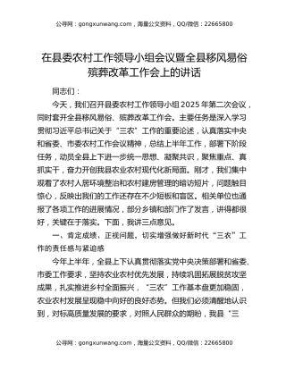 在县委农村工作领导小组会议暨全县移风易俗殡葬改革工作会上的讲话