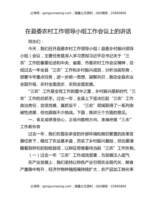 在县委农村工作领导小组工作会议上的讲话
