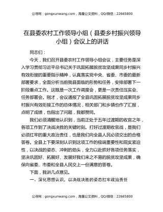 在县委农村工作领导小组（县委乡村振兴领导小组）会议上的讲话