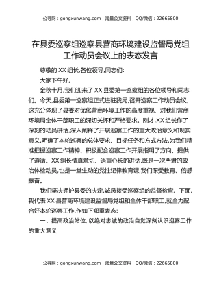 在县委巡察组巡察县营商环境建设监督局党组工作动员会议上的表态发言