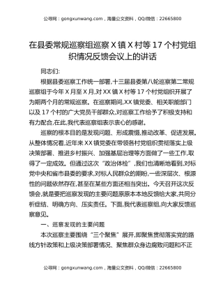 在县委常规巡察组巡察X镇X村等17个村党组织情况反馈会议上的讲话