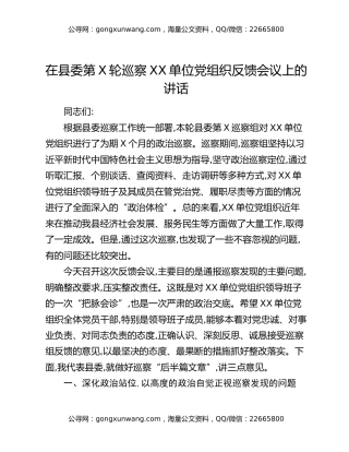 在县委第X轮巡察XX单位党组织反馈会议上的讲话