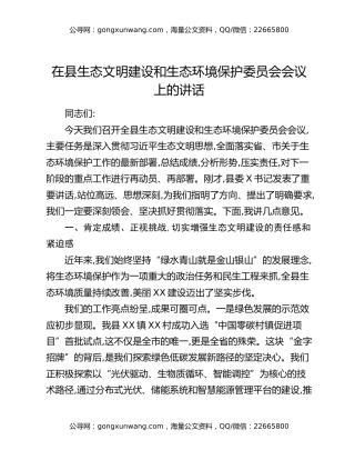 在县生态文明建设和生态环境保护委员会会议上的讲话