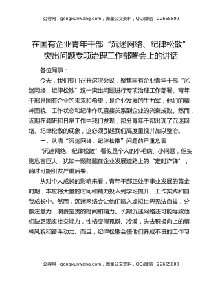在国有企业青年干部“沉迷网络、纪律松散”突出问题专项治理工作部署会上的讲话