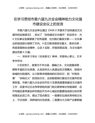 在学习贯彻市委六届九次全会精神助力文化强市建设会议上的发言