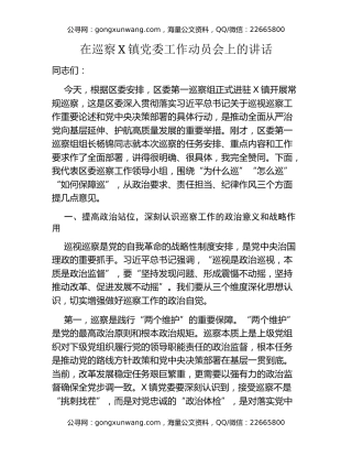 在巡察X镇党委工作动员会上的讲话