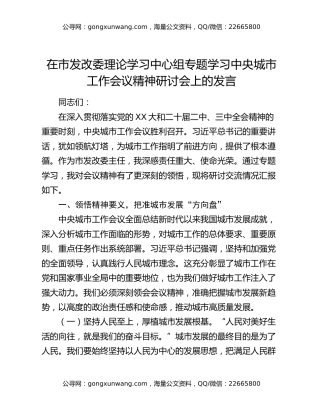 在市发改委理论学习中心组专题学习中央城市工作会议精神研讨会上的发言