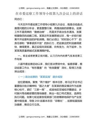 在市委巡察工作领导小组第九次会议上的讲话
