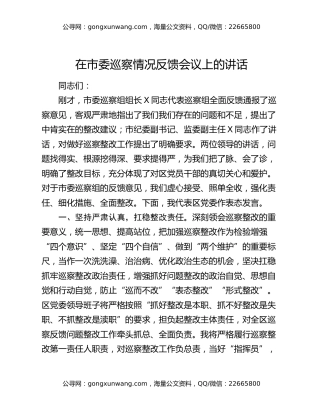 在市委巡察情况反馈会议上的讲话