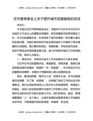 在市委常委会上关于提升城市发展能级的讲话