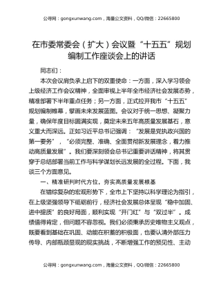 在市委常委会（扩大）会议暨“十五五”规划编制工作座谈会上的讲话