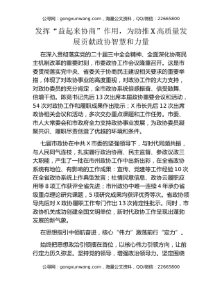 在市委政协工作会议上的发言汇编6篇