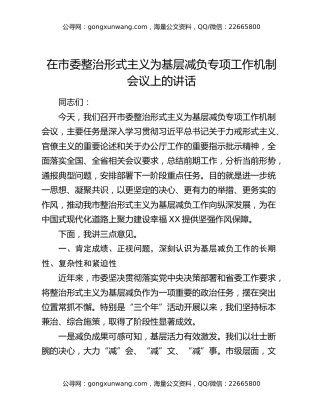 在市委整治形式主义为基层减负专项工作机制会议上的讲话