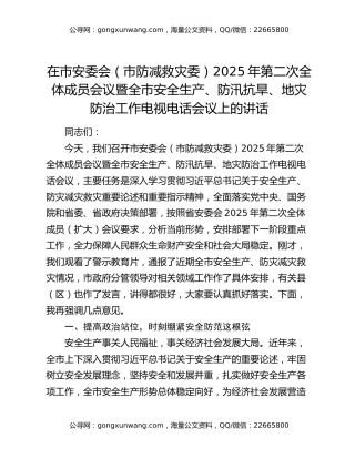 在市安委会（市防减救灾委）2025年第二次全体成员会议暨全市安全生产、防汛抗旱、地灾防治工作电视电话会议上的讲话