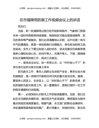 在市强降雨防御工作视频会议上的讲话