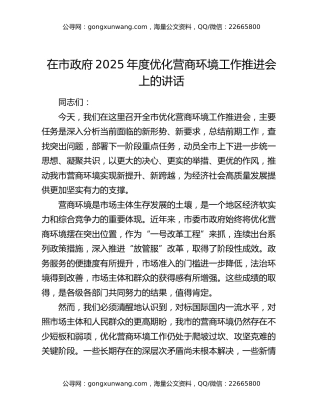 在市政府2025年度优化营商环境工作推进会上的讲话