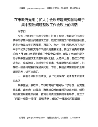 在市政府党组（扩大）会议专题研究领导班子集中整治问题整改工作会议上的讲话