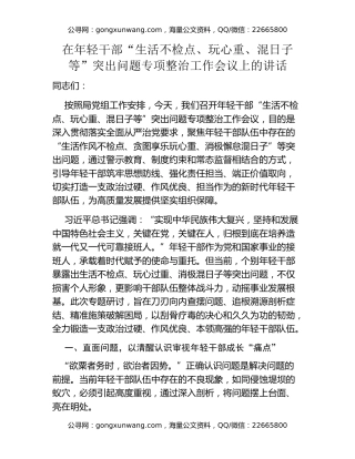 在年轻干部“生活不检点、玩心重、混日子等”突出问题专项整治工作会议上的讲话