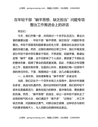 在年轻干部“躺平思想、缺乏担当”问题专项整治工作推进会上的讲话