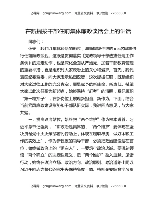 在新提拔干部任前集体廉政谈话会上的讲话