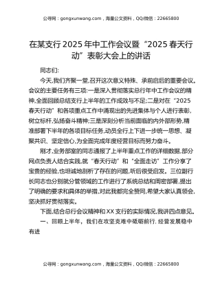 在某支行2025年中工作会议暨“2025春天行动”表彰大会上的讲话
