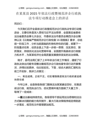 在某某县2025年依法行政暨规范涉企行政执法专项行动推进会上的讲话