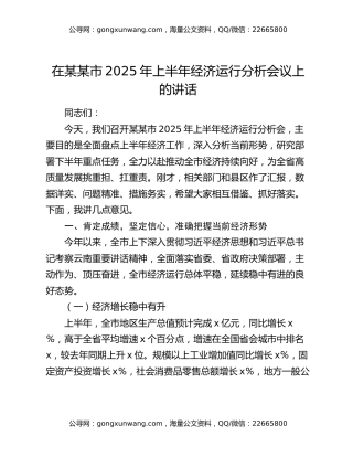 在某某市2025年上半年经济运行分析会议上的讲话 (2)