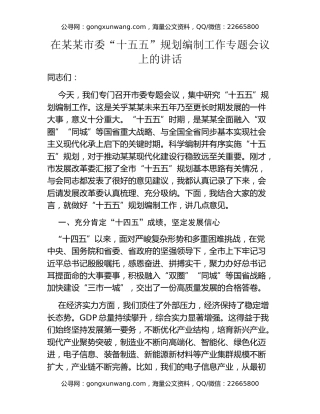 在某某市委“十五五”规划编制工作专题会议上的讲话