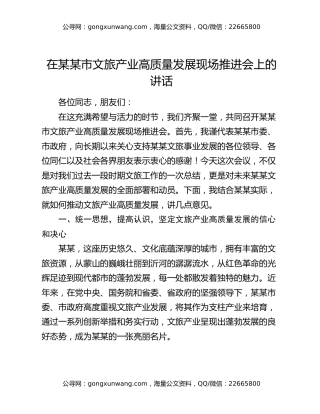在某某市文旅产业高质量发展现场推进会上的讲话