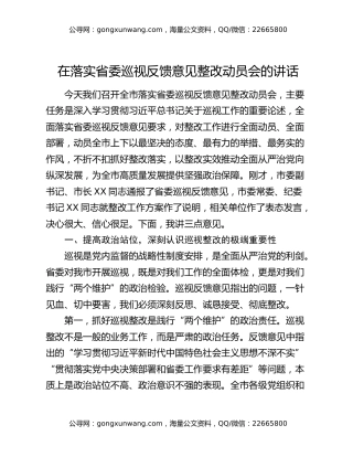 在落实省委巡视反馈意见整改动员会的讲话