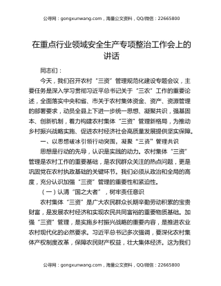 在重点行业领域安全生产专项整治工作会上的讲话