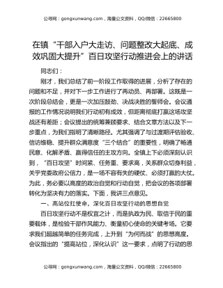 在镇“干部入户大走访、问题整改大起底、成效巩固大提升”百日攻坚行动推进会上的讲话