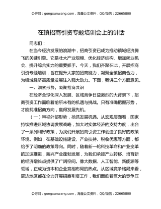 在镇招商引资专题培训会上的讲话