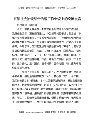 在镇社会治安综合治理工作会议上的交流发言