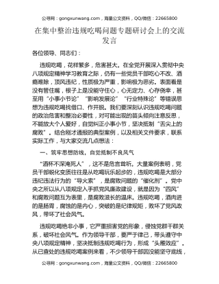 在集中整治违规吃喝问题专题研讨会上的交流发言