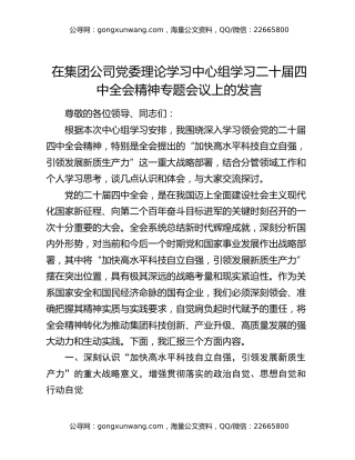 在集团公司党委理论学习中心组学习二十届四中全会精神专题会议上的发言