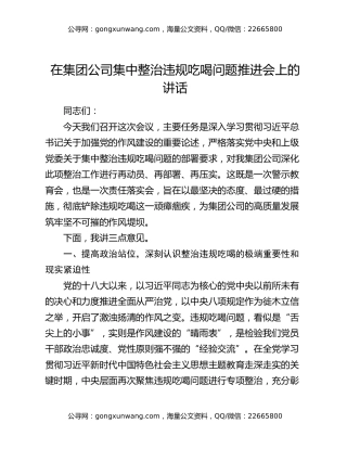 在集团公司集中整治违规吃喝问题推进会上的讲话