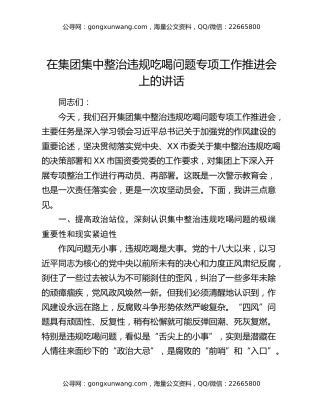 在集团集中整治违规吃喝问题专项工作推进会上的讲话