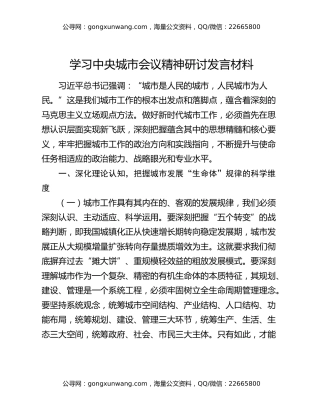 学习中央城市会议精神研讨发言材料