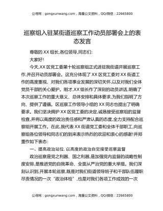 巡察组入驻某街道巡察工作动员部署会上的表态发言
