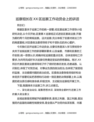 巡察组长在XX区巡察工作动员会上的讲话