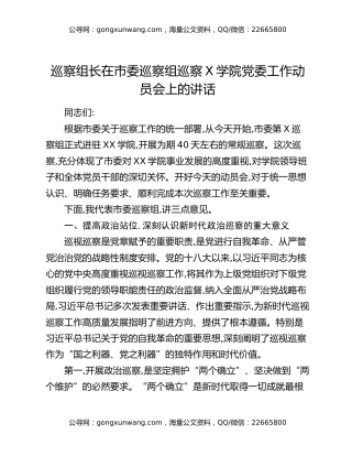 巡察组长在XX市委第X巡察组巡察XX学院党委工作动员会上的讲话