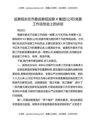 巡察组长在市委巡察组巡察X集团(公司)党委工作动员会上的讲话