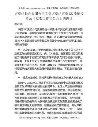 巡察组长在集团公司党委巡察组巡察XX能源投资公司党委工作动员会上的讲话