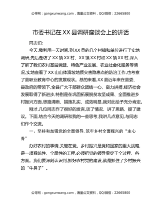市委书记在XX县调研座谈会上的讲话