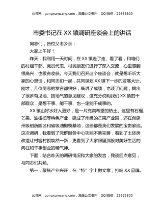 市委书记在XX镇调研座谈会上的讲话